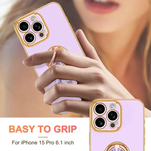 Vista 6 de LONTECT Funda para iPhone 15 Pro, a prueba de golpes, protección de cuerpo completo, soporte de anillo de astronautas, delgada, transparente