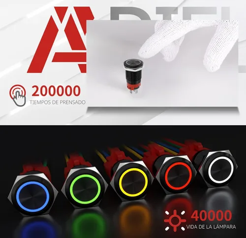 Vista 5 de APIELE - Interruptor de botón de encendido de pestillo de 16mm, 12 V CC, carcasa negra con cabeza de ojo de ángel LED para orificio de montaje