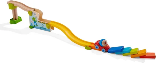 Vista 5 de HABA Juego de carreras de pelota y pista con coche y dominó, 16 piezas Kullerbü Marble Runs y juegos de construcción para niños de 2 años