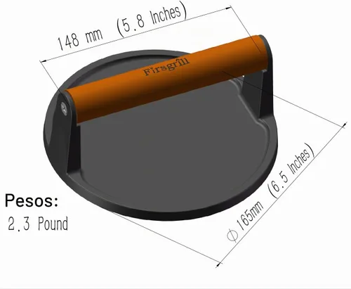 Vista 3 de Firsgrill Prensa para Hamburguesas 6.6" Redonda de Hierro Fundido Resistente para Aplastar Carne Bistec con Mango de Madera para Parrillas Plano