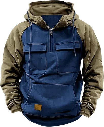 Vista 14 de Sudaderas tácticas para hombre, con cremallera de un cuarto, con capucha, manga larga, estilo cargo, entrenamiento, al aire libre, con bolsillo