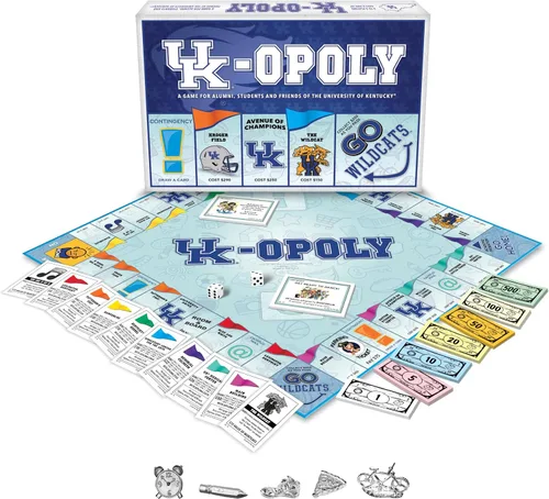 Vista 3 de Late for the Sky Juego de mesa Opoly con temática universitaria, 2-6 jugadores, estrategia de fiesta familiar, fichas y ubicaciones de campus