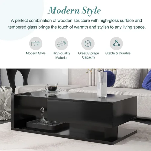 Vista 4 de Mesa de centro moderna con almacenamiento, mesa de cóctel de madera con superficie UV de alto brillo, mesas de centro rectangulares de 2 niveles