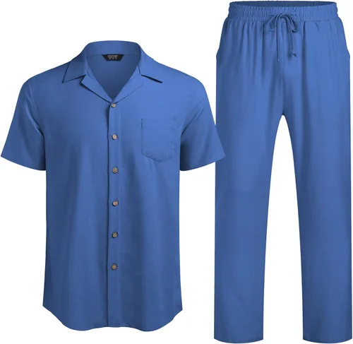 Vista 2 de COOFANDY Conjunto de ropa de lino de 2 piezas para hombre camisa con botones y pantalones sueltos