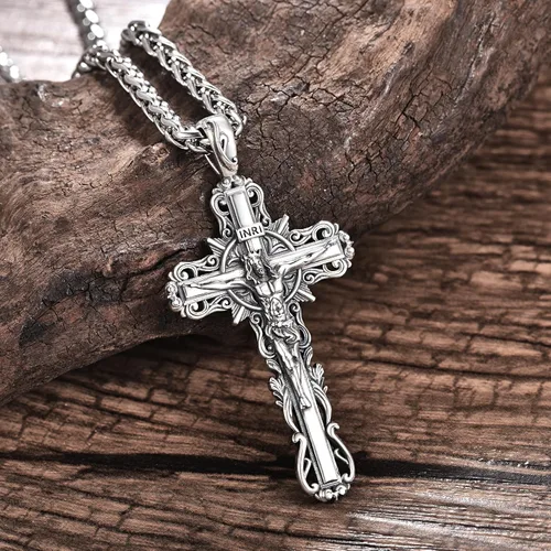 Vista 2 de Collar con colgante de cruz de plata de ley 925 con Crucifijo de Jesucristo INRI para hombres y mujeres, medalla religiosa cristiana para hombre