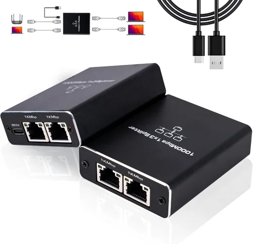 Vista 10 de LIEZHUA Divisor Gigabit Ethernet 1 a 2 - Divisor de red con cable de alimentación USB, adaptador divisor de Internet RJ45 de alta velocidad de 1000