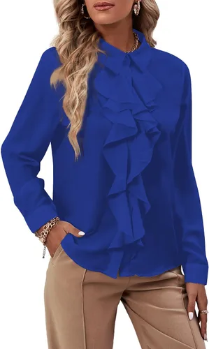Vista 26 de LYANER - Blusa de manga larga con cuello de botón y volantes en la parte delantera para mujer