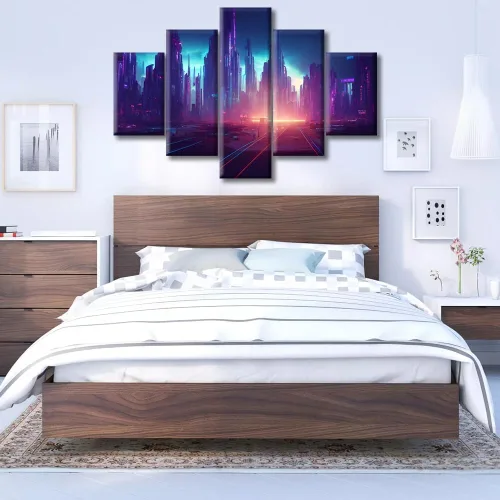 Vista 119 de Cuadros de 5 paneles de Cyberpunk City, arte de pared, representación de vallas publicitarias, edificios modernos en la capital con obras de arte
