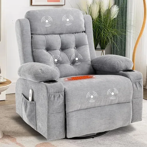 Vista 11 de Rocker - Silla reclinable con masaje y calor, sillón reclinable giratorio con relleno con soporte para tazas, bolsillo lateral USB, sofá mecedora