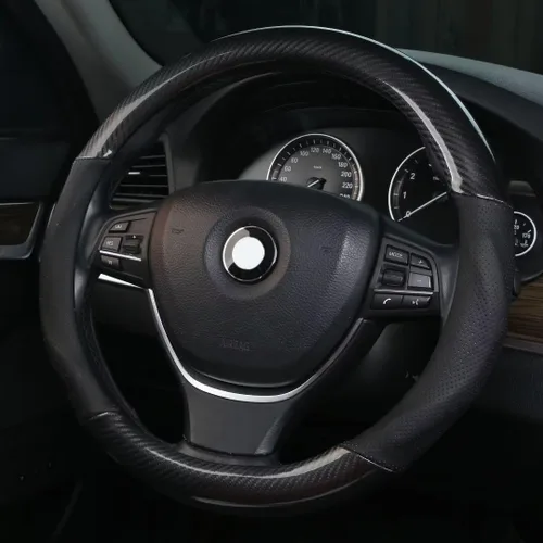 Vista 2 de ALEMODR Funda de volante de cuero de fibra de carbono negra universal de 15 pulgadas