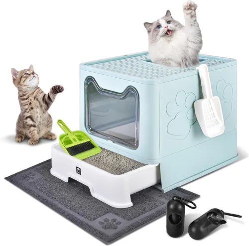 Vista 11 de Caja de arena cubierta para gatos con alfombrilla de arena, plegable, extra grande, puerta ajustable de doble entrada, diseño de cajón, caja de Azul