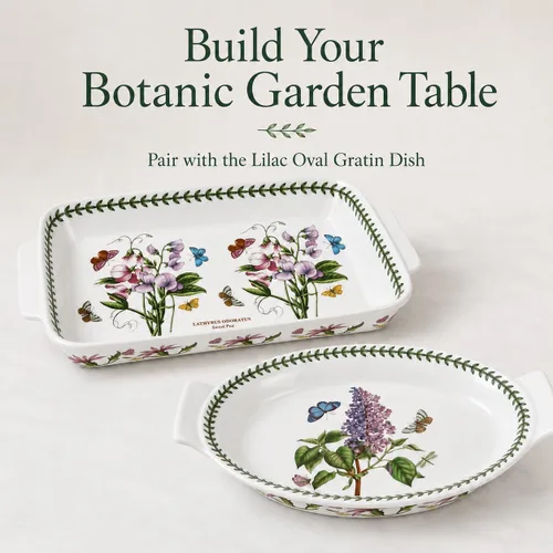 Vista 8 de Portmeirion Botanic Garden - Plato para lasaña Plato para hornear con motivo de guisantes dulces Mide 15 x 11 pulgadas Hecho de porcelana