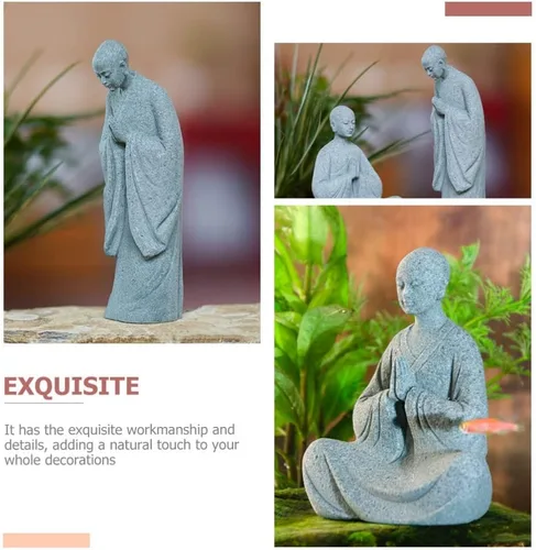 Vista 4 de Happyyami Bonsái - 2 figuras de monje de piedra, estatuas de Buda zen, esculturas de monje de pie para paisaje al aire libre, decoración de jardín