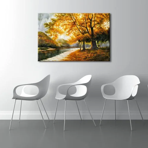 Vista 5 de Wieco Art Lienzo de giclée impresiones de arte de pared por pinturas al óleo, grandes árboles contemporáneos de otoño, imágenes para sala de estar