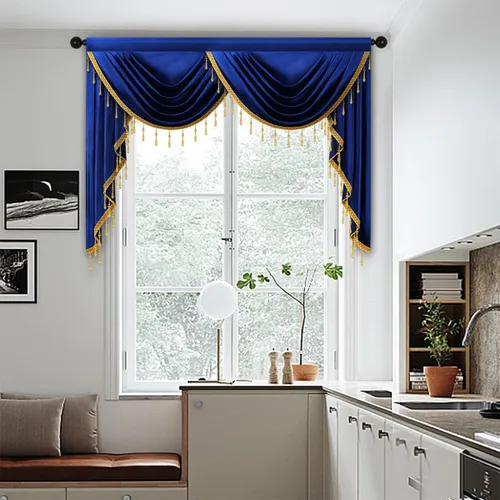 Vista 23 de Cenefas de cortina de terciopelo negro de lujo para sala de estar con cuentas (39 pulgadas, 1 panel)