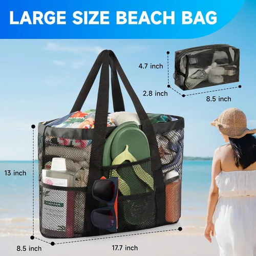 Vista 3 de Bolsa de playa de malla, bolsa de playa para mujer, impermeable, a prueba de arena, con bolsa de maquillaje de malla, artículos esenciales
