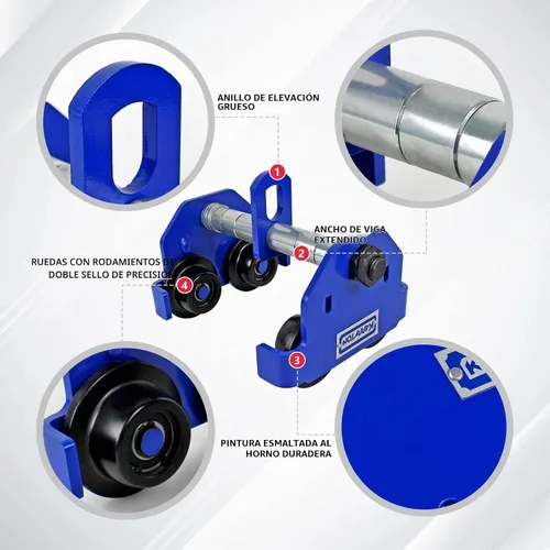 Vista 4 de Carro de viga de 1 tonelada/2200 libras de ancho de brida ajustable de 2.5 a 8 pulgadas, carro de empuje manual resistente con rodillos de doble
