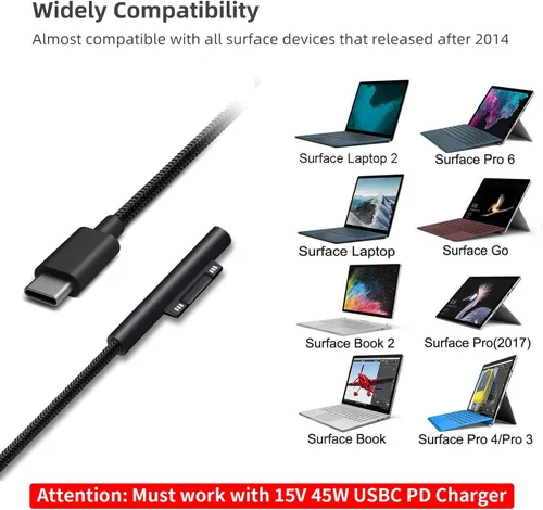 Vista 2 de Sisyphy GaN-001US - Cargador USB C GaNk para tablets Surface de 65 W, con superficie de nailon de 6 pies a cable USB C, compatible con Microsoft