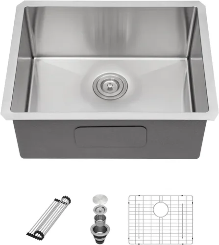 Vista 23 de Sarlai Gold Fregadero de Cocina Empotrado - Fregadero de Cocina de 28 Pulgadas Empotrado de Acero Inoxidable Dorado Tazón Individual de 28" x 19