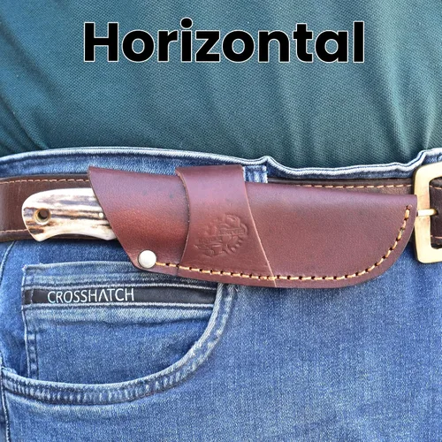 Vista 8 de Knives Ranch BIJOU - Cuchillo de caza EDC hecho a mano, acero de damasco, espiga completa, agarre de asta de ciervo, funda horizontal