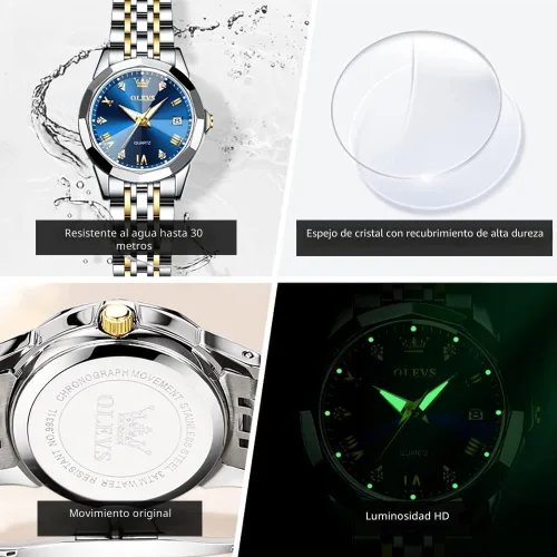 Vista 5 de Relojes de pulsera OLEVS para mujer, reloj pequeño de acero inoxidable para mujer, reloj de moda analógico de cuarzo para damas Classic Elegant Azul