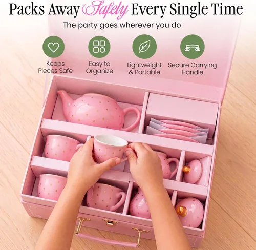 Vista 4 de Giggle & Honey® Juego de fiesta de té para niñas pequeñas, lunares dorados Rosa