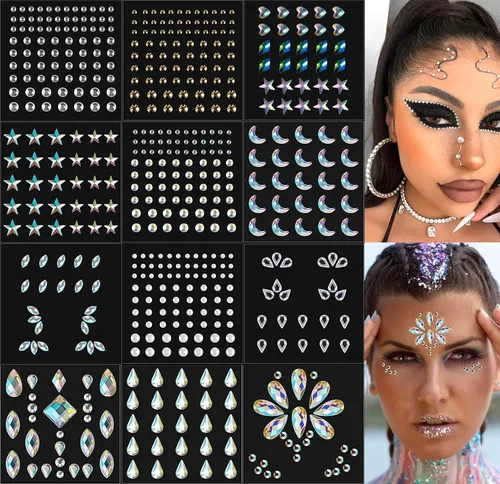 Vista 11 de 6 hojas de joyas para la cara, gemas para la cara, diamantes de imitación autoadhesivos para maquillaje, accesorios para disfraces de festivales