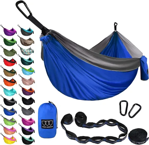 Vista 7 de Gold Armour Hamaca de camping – Hamaca doble XL, hamaca portátil, accesorios de camping, equipo para exteriores e interiores con correas de árbol