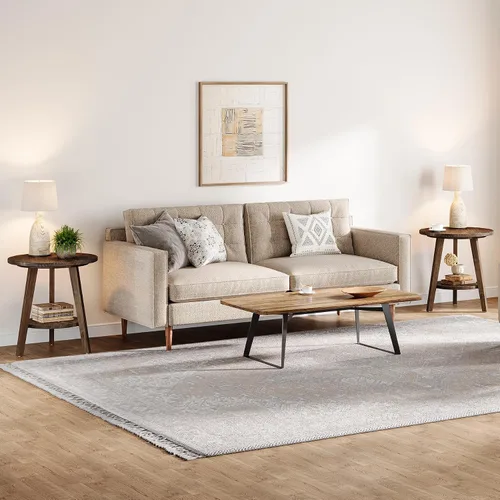 Vista 7 de Mesa de noche redonda de madera maciza, mesa auxiliar para sofá con estante de almacenamiento, mesita de noche de estilo granja para sala de estar