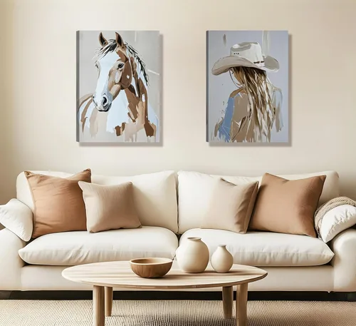 Vista 3 de 2 piezas de arte de pared enmarcado de vaquera occidental con sombrero chica vaquera y caballo, impresión en lienzo, póster, pintura al óleo