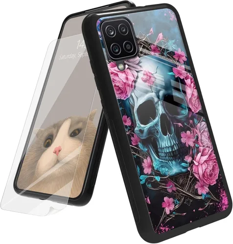 Vista 81 de Funda para Samsung Galaxy A12 5G con protector de pantalla, parte trasera de vidrio templado + TPU de silicona suave que absorbe los golpes