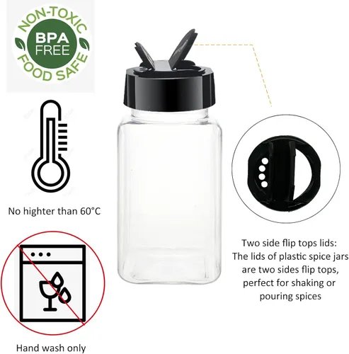 Vista 3 de Paquete de 12 tarros de especias de plástico transparente de 4 onzas con tapas de plástico negro, botellas cuadradas de especias, recipientes