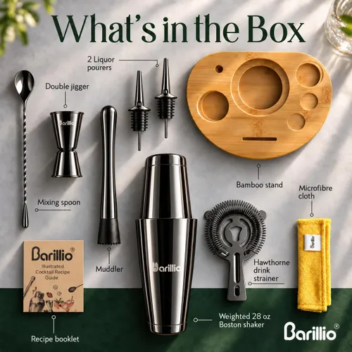 Vista 2 de Barillio Black Mixology - Kit de barman con soporte, juego de coctelera con soporte de bambú, coctelera Boston, Mojito Muddler y cuchara mezcladora