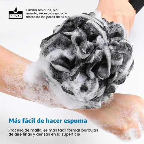 Vista 5 de FORENEE - Esponja negra en palo, malla de polietileno con mango de madera Soft PE mesh creates rich lather for gentle cleansing; water-resistant