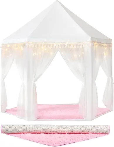 Vista 7 de wilwolfer Tienda de campaña tipo castillo de princesa para niñas, tienda de campaña hexagonal grande para jugar, casa de juegos con luces de Tienda