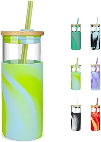 Vista 17 de Tronco Vaso de vidrio de 20 onzas con tapa y popote, taza de café helado y vaso para batido con tapas de bambú y funda protectora de silicona, apto