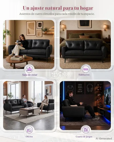 Vista 3 de TYBOATLE Sofá de sofá de 61 pulgadas de cuero sintético negro, sofá de dos plazas pequeño para sala de estar, sofá de estilo moderno de mediados