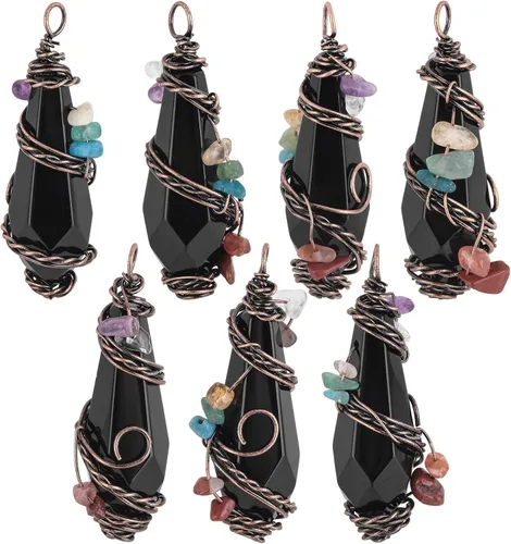 Vista 4 de Nupuyai - Collar con colgante de piedra de cristal de 7 chakras envuelto en alambre para mujeres y hombres, hecho a mano, colgante de punto