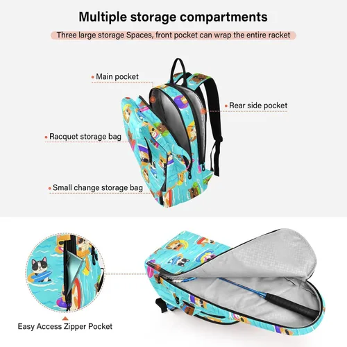 Vista 5 de Tenni Badminton Racket Bag Cute Sturdy Cat Dog Swim Summer Blue Cartoon 3 Rackets Badminton Bag Case for Women, Men, Teenagers bolso para raqueta
