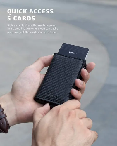 Vista 44 de VULKIT Tarjetero RFID Bloqueo de Cuero Automático Pop Up Cartera Aluminio Slim Pocket Tarjeta de Visita