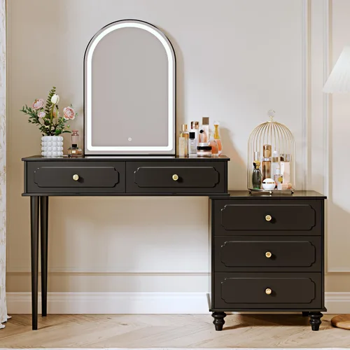 Vista 6 de Ieejdn Negro, Escritorio de tocador con espejo y luces, Tocador de maquillaje con toma de corriente y gabinete ajustable, Mesa de maquillaje moderna
