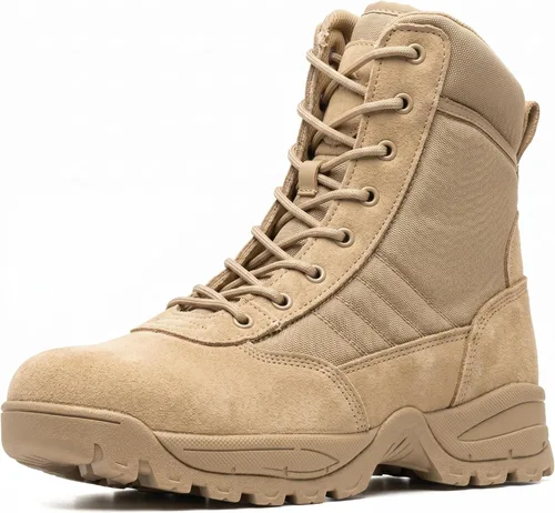 Vista 8 de Botas tácticas para hombre, 8 pulgadas, cremallera lateral, botas militares de combate de cuero, botas de trabajo para hombres, policía, motocicleta