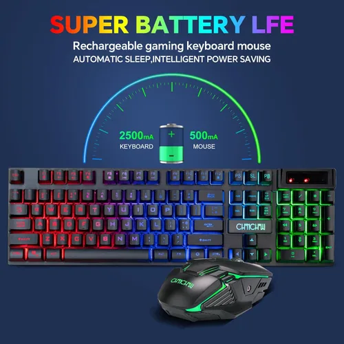 Vista 3 de CHONCHOW Combo de teclado y mouse inalámbricos USB para juegos, teclado ergonómico con retroiluminación LED, batería recargable de 2500 mAh