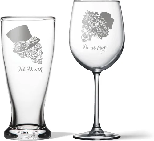 Vista 6 de Alterd Industries Calavera de azúcar – Til Death Do Us Part grabado, vasos de tostado, regalos de boda para parejas, calavera de copa de vino