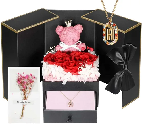 Vista 13 de Bonito regalo de oso de rosas reales preservadas con collares iniciales chapados en oro de 18 quilates para mujeres, día de la madre, cumpleaños