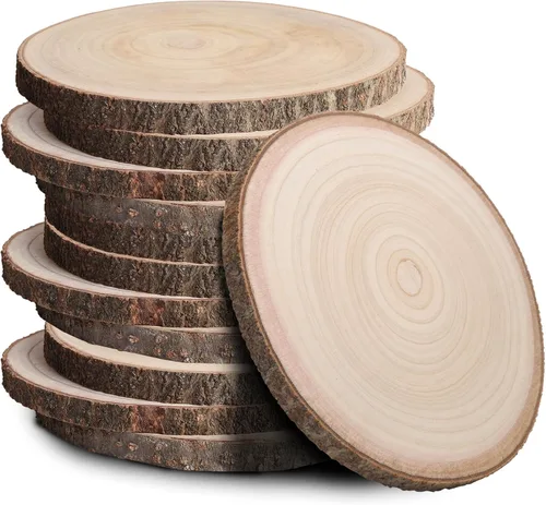 Vista 10 de Rebanadas de madera para centros de mesa 4 piezas, rodajas redondas de madera para manualidades, círculos y losas de madera rústica, discos