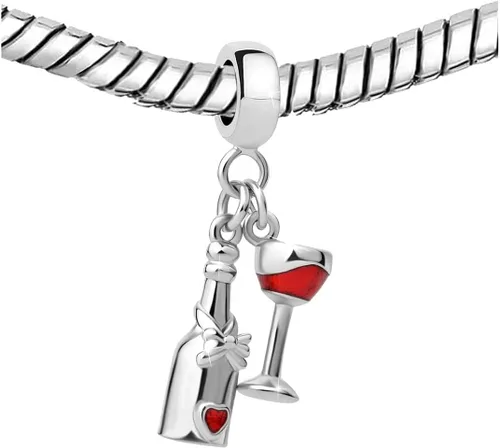 Vista 2 de Botella colgante de copa de vino tinto para pulseras Pandora, fiesta de cóctel, Metal, Base