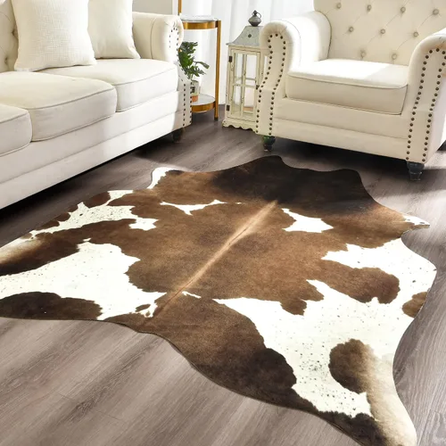 Vista 26 de Easycozy Alfombra de piel de vaca sintética con gran estampado de vaca, 3 x 4 pies, alfombra gruesa y elástica para dormitorio, sala de estar