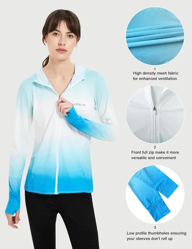 Vista 4 de Ropa de protección solar UPF 50+ para mujer, sudadera con capucha y protección solar con cremallera, SPF de manga larga, camisa para el sol, pesca
