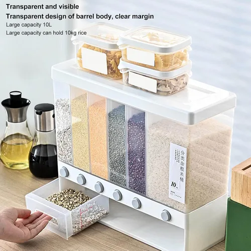 Vista 2 de Dispensador de arroz, dispensador de alimentos secos de 6 rejillas montado en la pared, recipientes grandes de almacenamiento de cereales secos